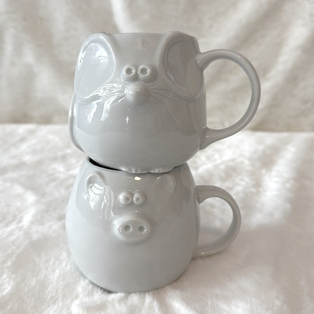 GHC Japan White Ceramic Tea, Coffee, Drink Mugs, Pig (12oz) & Mouse (10oz)